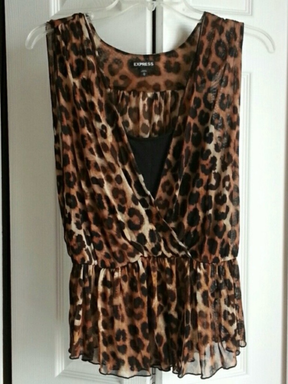 Express Leopard Print Sleeveless Wrap Peplum Top - Brown Black Cream